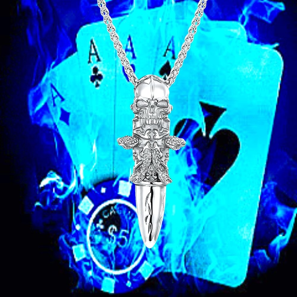 Stainless Steel Skull Bullet Pendant Necklace